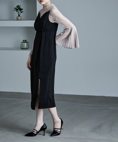 プリーツベルスリーブIラインドレス ワンピース フォーマル 結婚式 二次会 ベルスリーブ プリーツ袖 レース袖 オケージョンワンピ レース パーティードレス ハ 結婚式 二次会 備考 ポリエステル100%