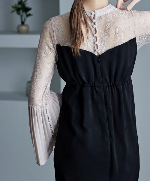 プリーツベルスリーブIラインドレス ワンピース フォーマル 結婚式 二次会 ベルスリーブ プリーツ袖 レース袖 オケージョンワンピ レース パーティードレス ハ 結婚式 二次会 備考 ポリエステル100%