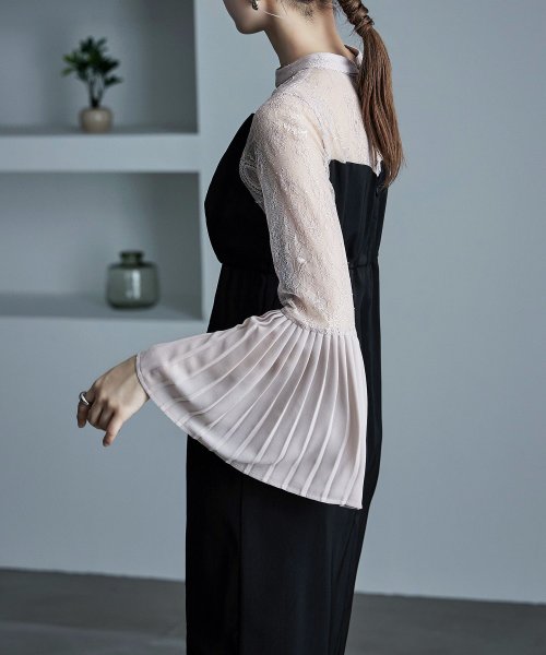 プリーツベルスリーブIラインドレス ワンピース フォーマル 結婚式 二次会 ベルスリーブ プリーツ袖 レース袖 オケージョンワンピ レース パーティードレス ハ 結婚式 二次会 備考 ポリエステル100%