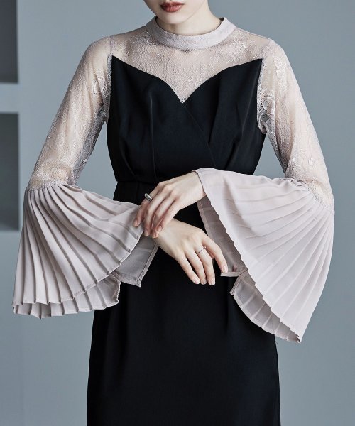 プリーツベルスリーブIラインドレス ワンピース フォーマル 結婚式 二次会 ベルスリーブ プリーツ袖 レース袖 オケージョンワンピ レース パーティードレス ハ 結婚式 二次会 備考 ポリエステル100%