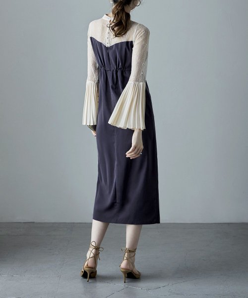 プリーツベルスリーブIラインドレス ワンピース フォーマル 結婚式 二次会 ベルスリーブ プリーツ袖 レース袖 オケージョンワンピ レース パーティードレス ハ 結婚式 二次会 備考 ポリエステル100%