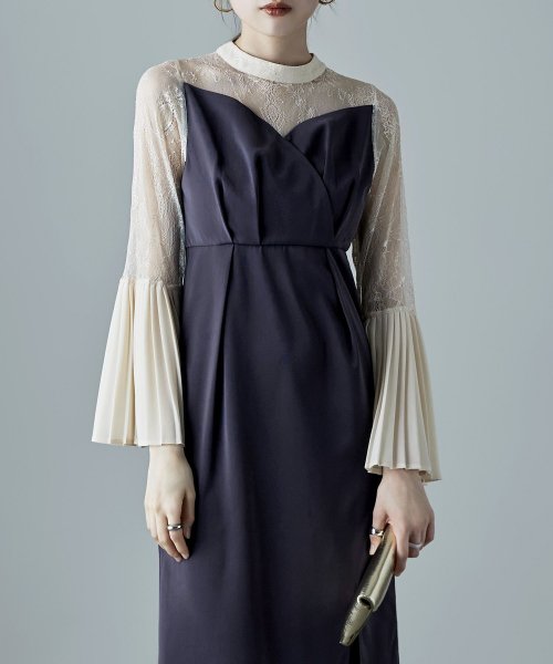 プリーツベルスリーブIラインドレス ワンピース フォーマル 結婚式 二次会 ベルスリーブ プリーツ袖 レース袖 オケージョンワンピ レース パーティードレス ハ 結婚式 二次会 備考 ポリエステル100%