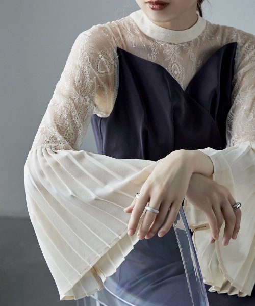 プリーツベルスリーブIラインドレス ワンピース フォーマル 結婚式 二次会 ベルスリーブ プリーツ袖 レース袖 オケージョンワンピ レース パーティードレス ハ 結婚式 二次会 備考 ポリエステル100%