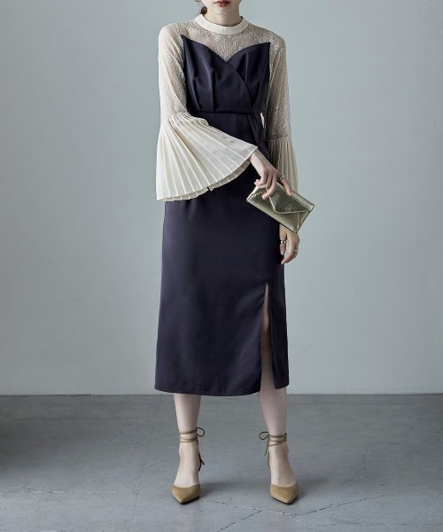 プリーツベルスリーブIラインドレス ワンピース フォーマル 結婚式 二次会 ベルスリーブ プリーツ袖 レース袖 オケージョンワンピ レース パーティードレス ハ 結婚式 二次会 備考 ポリエステル100%