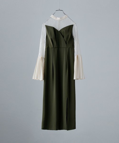 プリーツベルスリーブIラインドレス ワンピース フォーマル 結婚式 二次会 ベルスリーブ プリーツ袖 レース袖 オケージョンワンピ レース パーティードレス ハ 結婚式 二次会 備考 ポリエステル100%