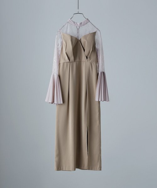 プリーツベルスリーブIラインドレス ワンピース フォーマル 結婚式 二次会 ベルスリーブ プリーツ袖 レース袖 オケージョンワンピ レース パーティードレス ハ 結婚式 二次会 備考 ポリエステル100%