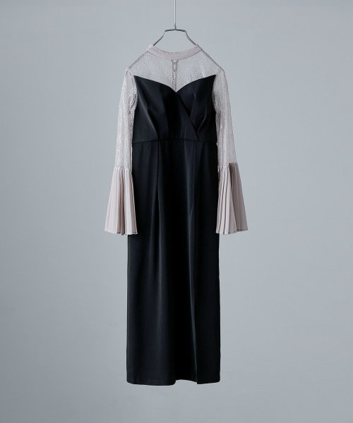 プリーツベルスリーブIラインドレス ワンピース フォーマル 結婚式 二次会 ベルスリーブ プリーツ袖 レース袖 オケージョンワンピ レース パーティードレス ハ 結婚式 二次会 備考 ポリエステル100%