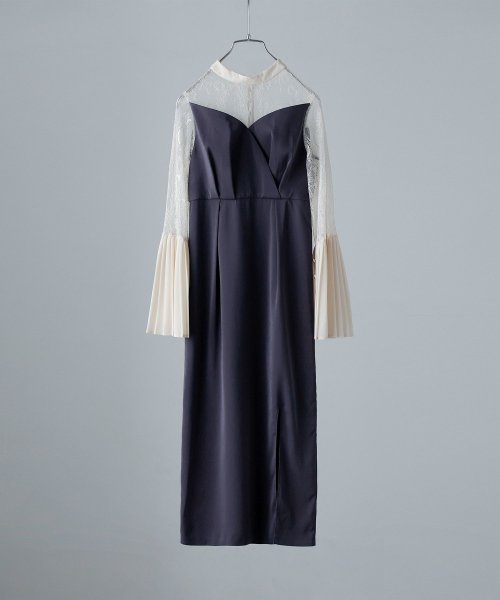 プリーツベルスリーブIラインドレス ワンピース フォーマル 結婚式 二次会 ベルスリーブ プリーツ袖 レース袖 オケージョンワンピ レース パーティードレス ハ 結婚式 二次会 備考 ポリエステル100%