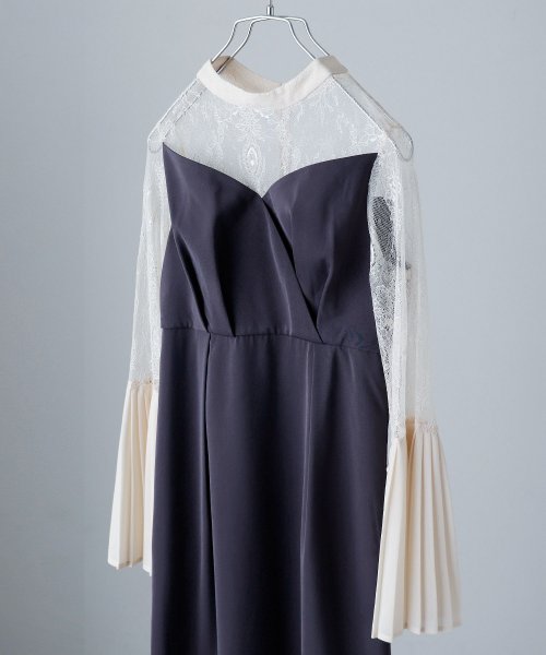 プリーツベルスリーブIラインドレス ワンピース フォーマル 結婚式 二次会 ベルスリーブ プリーツ袖 レース袖 オケージョンワンピ レース パーティードレス ハ 結婚式 二次会 備考 ポリエステル100%