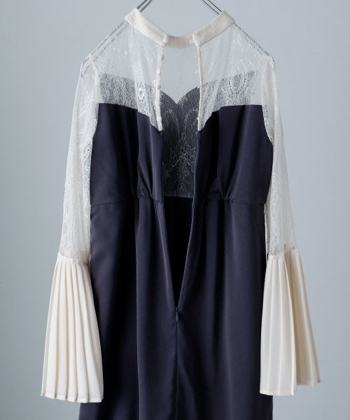 プリーツベルスリーブIラインドレス ワンピース フォーマル 結婚式 二次会 ベルスリーブ プリーツ袖 レース袖 オケージョンワンピ レース パーティードレス ハ 結婚式 二次会 備考 ポリエステル100%