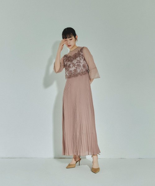 結婚式 ワンピース パーティードレス レース ビスチェ ラメ チュール 花柄 プリーツ ロング丈 袖あり 七分袖 ロングドレス 大きいサイズ 小さいサイズ S 5cm 35cm 34cm 19cm