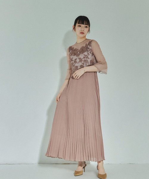 結婚式 ワンピース パーティードレス レース ビスチェ ラメ チュール 花柄 プリーツ ロング丈 袖あり 七分袖 ロングドレス 大きいサイズ 小さいサイズ S 5cm 35cm 34cm 19cm