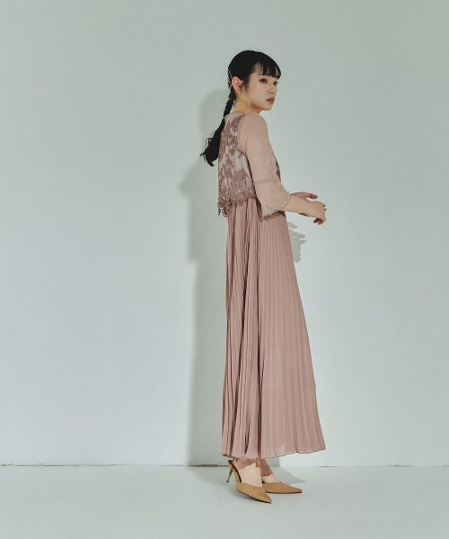 結婚式 ワンピース パーティードレス レース ビスチェ ラメ チュール 花柄 プリーツ ロング丈 袖あり 七分袖 ロングドレス 大きいサイズ 小さいサイズ S 5cm 35cm 34cm 19cm