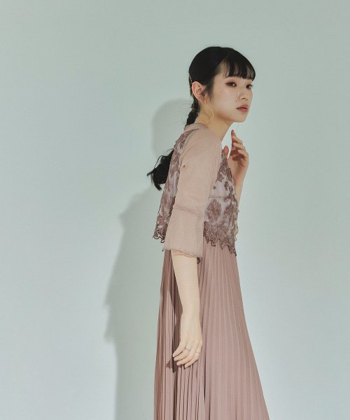 結婚式 ワンピース パーティードレス レース ビスチェ ラメ チュール 花柄 プリーツ ロング丈 袖あり 七分袖 ロングドレス 大きいサイズ 小さいサイズ S 5cm 35cm 34cm 19cm