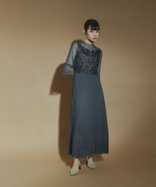 結婚式 ワンピース パーティードレス レース ビスチェ ラメ チュール 花柄 プリーツ ロング丈 袖あり 七分袖 ロングドレス 大きいサイズ 小さいサイズ S 5cm 35cm 34cm 19cm