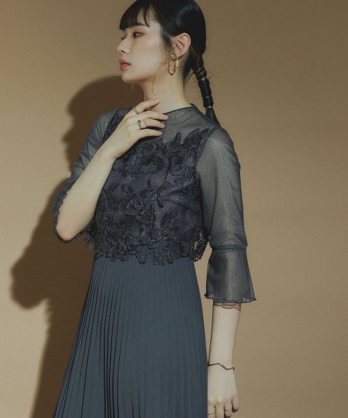 結婚式 ワンピース パーティードレス レース ビスチェ ラメ チュール 花柄 プリーツ ロング丈 袖あり 七分袖 ロングドレス 大きいサイズ 小さいサイズ S 5cm 35cm 34cm 19cm