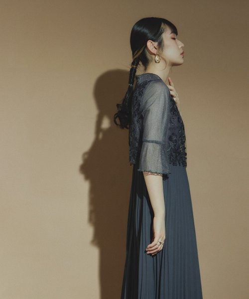 結婚式 ワンピース パーティードレス レース ビスチェ ラメ チュール 花柄 プリーツ ロング丈 袖あり 七分袖 ロングドレス 大きいサイズ 小さいサイズ S 5cm 35cm 34cm 19cm