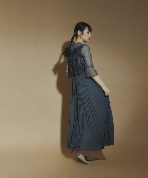 結婚式 ワンピース パーティードレス レース ビスチェ ラメ チュール 花柄 プリーツ ロング丈 袖あり 七分袖 ロングドレス 大きいサイズ 小さいサイズ S 5cm 35cm 34cm 19cm