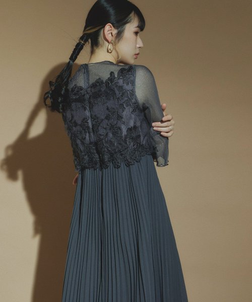 結婚式 ワンピース パーティードレス レース ビスチェ ラメ チュール 花柄 プリーツ ロング丈 袖あり 七分袖 ロングドレス 大きいサイズ 小さいサイズ S 5cm 35cm 34cm 19cm