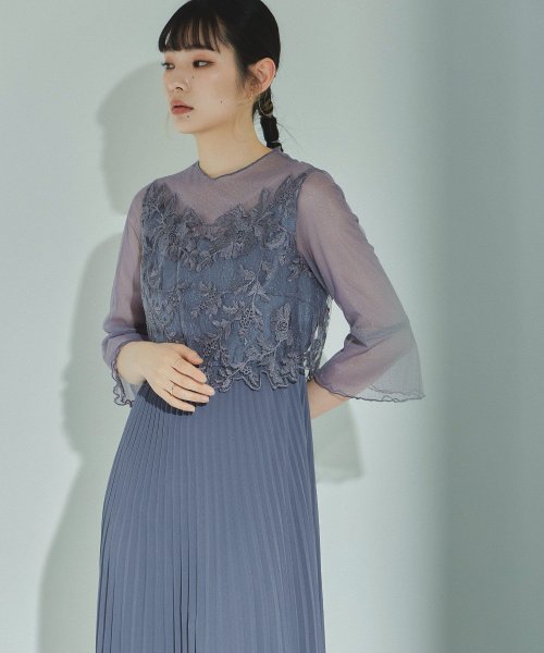 結婚式 ワンピース パーティードレス レース ビスチェ ラメ チュール 花柄 プリーツ ロング丈 袖あり 七分袖 ロングドレス 大きいサイズ 小さいサイズ S 5cm 35cm 34cm 19cm