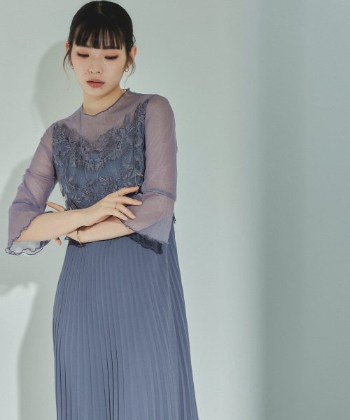 結婚式 ワンピース パーティードレス レース ビスチェ ラメ チュール 花柄 プリーツ ロング丈 袖あり 七分袖 ロングドレス 大きいサイズ 小さいサイズ S 5cm 35cm 34cm 19cm