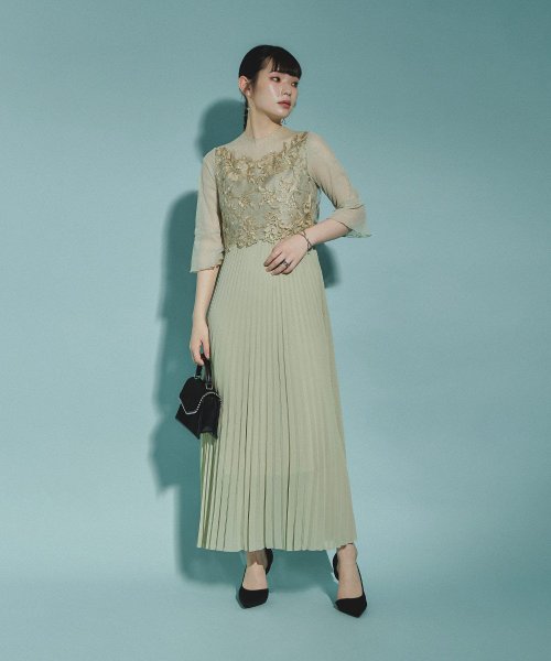 結婚式 ワンピース パーティードレス レース ビスチェ ラメ チュール 花柄 プリーツ ロング丈 袖あり 七分袖 ロングドレス 大きいサイズ 小さいサイズ S 5cm 35cm 34cm 19cm