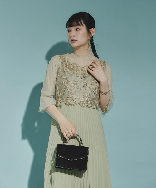 結婚式 ワンピース パーティードレス レース ビスチェ ラメ チュール 花柄 プリーツ ロング丈 袖あり 七分袖 ロングドレス 大きいサイズ 小さいサイズ S 5cm 35cm 34cm 19cm