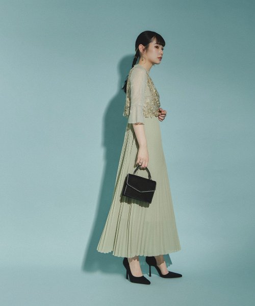 結婚式 ワンピース パーティードレス レース ビスチェ ラメ チュール 花柄 プリーツ ロング丈 袖あり 七分袖 ロングドレス 大きいサイズ 小さいサイズ S 5cm 35cm 34cm 19cm