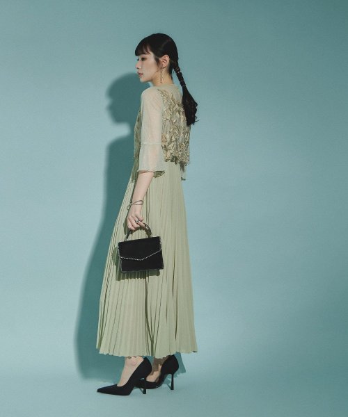 結婚式 ワンピース パーティードレス レース ビスチェ ラメ チュール 花柄 プリーツ ロング丈 袖あり 七分袖 ロングドレス 大きいサイズ 小さいサイズ S 5cm 35cm 34cm 19cm