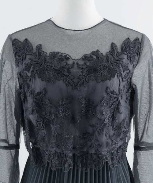 結婚式 ワンピース パーティードレス レース ビスチェ ラメ チュール 花柄 プリーツ ロング丈 袖あり 七分袖 ロングドレス 大きいサイズ 小さいサイズ S 5cm 35cm 34cm 19cm