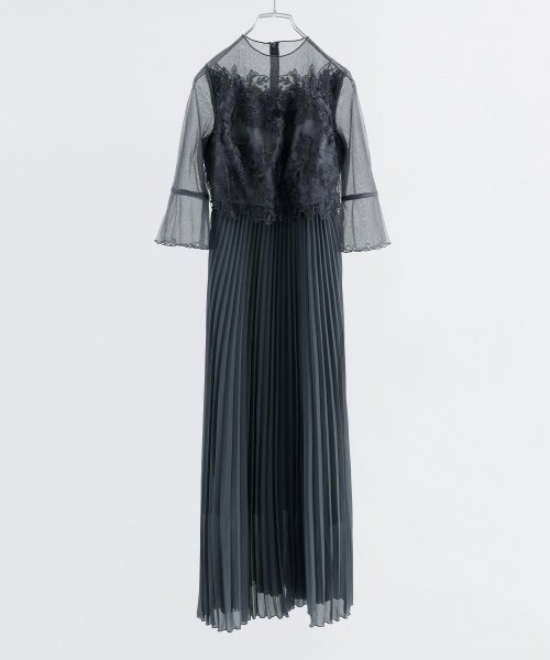 結婚式 ワンピース パーティードレス レース ビスチェ ラメ チュール 花柄 プリーツ ロング丈 袖あり 七分袖 ロングドレス 大きいサイズ 小さいサイズ S 5cm 35cm 34cm 19cm