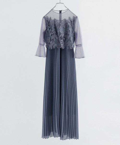 結婚式 ワンピース パーティードレス レース ビスチェ ラメ チュール 花柄 プリーツ ロング丈 袖あり 七分袖 ロングドレス 大きいサイズ 小さいサイズ S 5cm 35cm 34cm 19cm