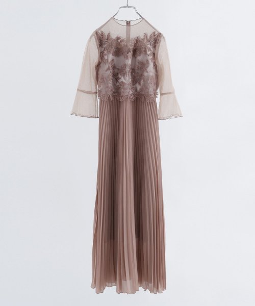 結婚式 ワンピース パーティードレス レース ビスチェ ラメ チュール 花柄 プリーツ ロング丈 袖あり 七分袖 ロングドレス 大きいサイズ 小さいサイズ S 5cm 35cm 34cm 19cm