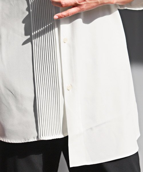 LUXSTYLE(ラグスタイル)/ピンタックドッキングアシメ半袖BIGシャツ/半袖シャツ メンズ レディース アシンメトリー モックネック ドレープ ストレッチ/img11