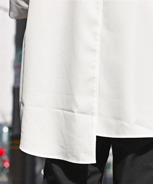 LUXSTYLE(ラグスタイル)/ピンタックドッキングアシメ半袖BIGシャツ/半袖シャツ メンズ レディース アシンメトリー モックネック ドレープ ストレッチ/img12