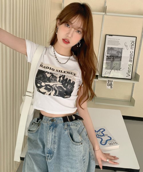 shopnikoniko(ショップにこにこ)/フォトプリント クロップド丈 チビTシャツ ma 【即納】 トップス Tシャツ カットソー ロゴ チビT クロップドTシャツ ショート丈 ミニ丈 へそ出し Y2/img09