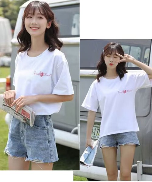 shoppinggo(ショッピングゴー)/夏服 tシャツ ハート 半袖 カラーtシャツ 丸首 スポーツ カジュアル おしゃれ シンプル 体型カバー ホワイト/img10