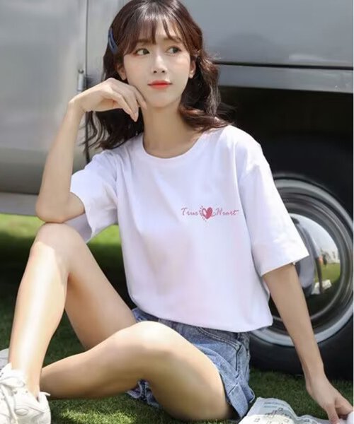 shoppinggo(ショッピングゴー)/夏服 tシャツ ハート 半袖 カラーtシャツ 丸首 スポーツ カジュアル おしゃれ シンプル 体型カバー ホワイト/img12