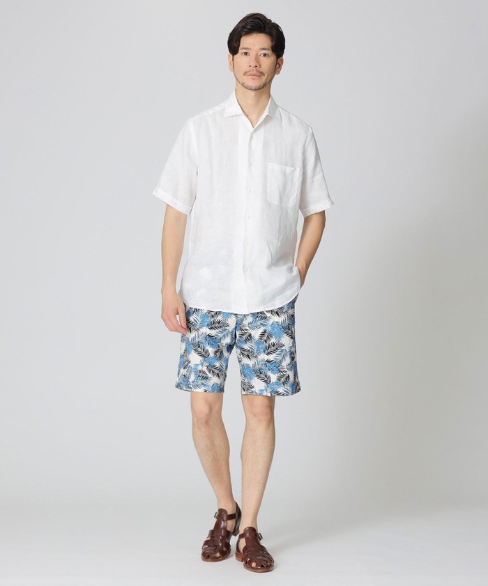 MASSES アートプリント コットンショートパンツ L リーフプリントコットンブッチャーショートパンツ(パンツ)｜Paul