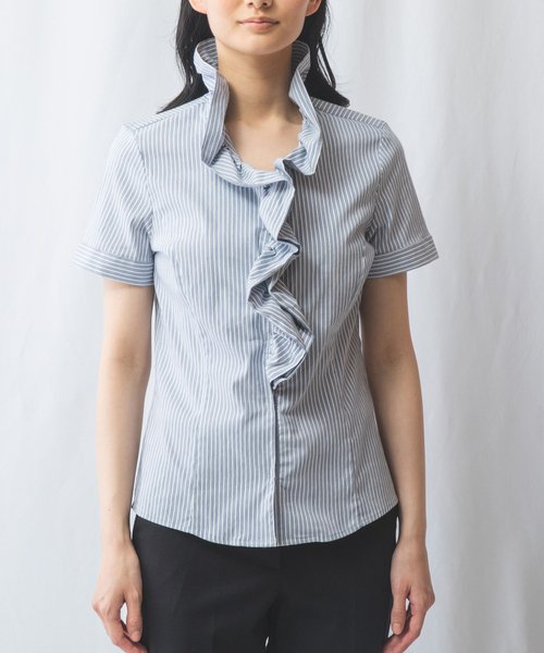 NARA CAMICIE(ナラカミーチェ)/ストレッチストライプフリル衿半袖シャツ/img01