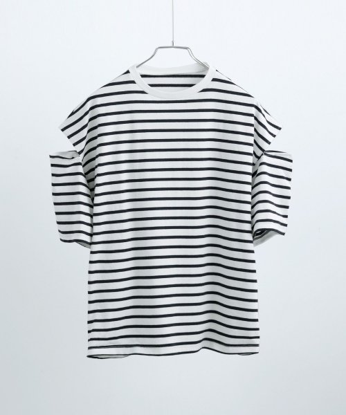 Fashion Letter(ファッションレター)/ボーダー カットアウト ビッグ5分袖Tシャツ カットスリーブ ストライプ しましま 綿 コットン ビッグシルエット ユニセックス ゆったり 大きめ ロンT シン/img30