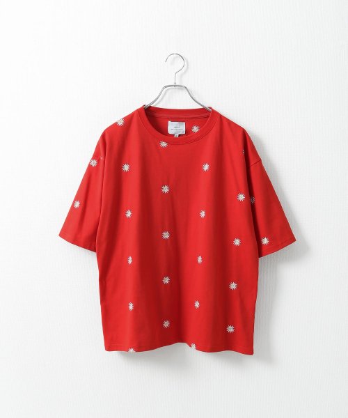 ZIP FIVE(ジップファイブ)/TC度詰め天竺花柄刺繍半袖ビッグシルエットTシャツ/img01