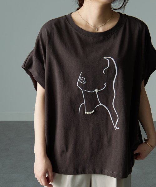 Ranan(ラナン)/パール調ビジュー付フロッキープリントTシャツ/img16