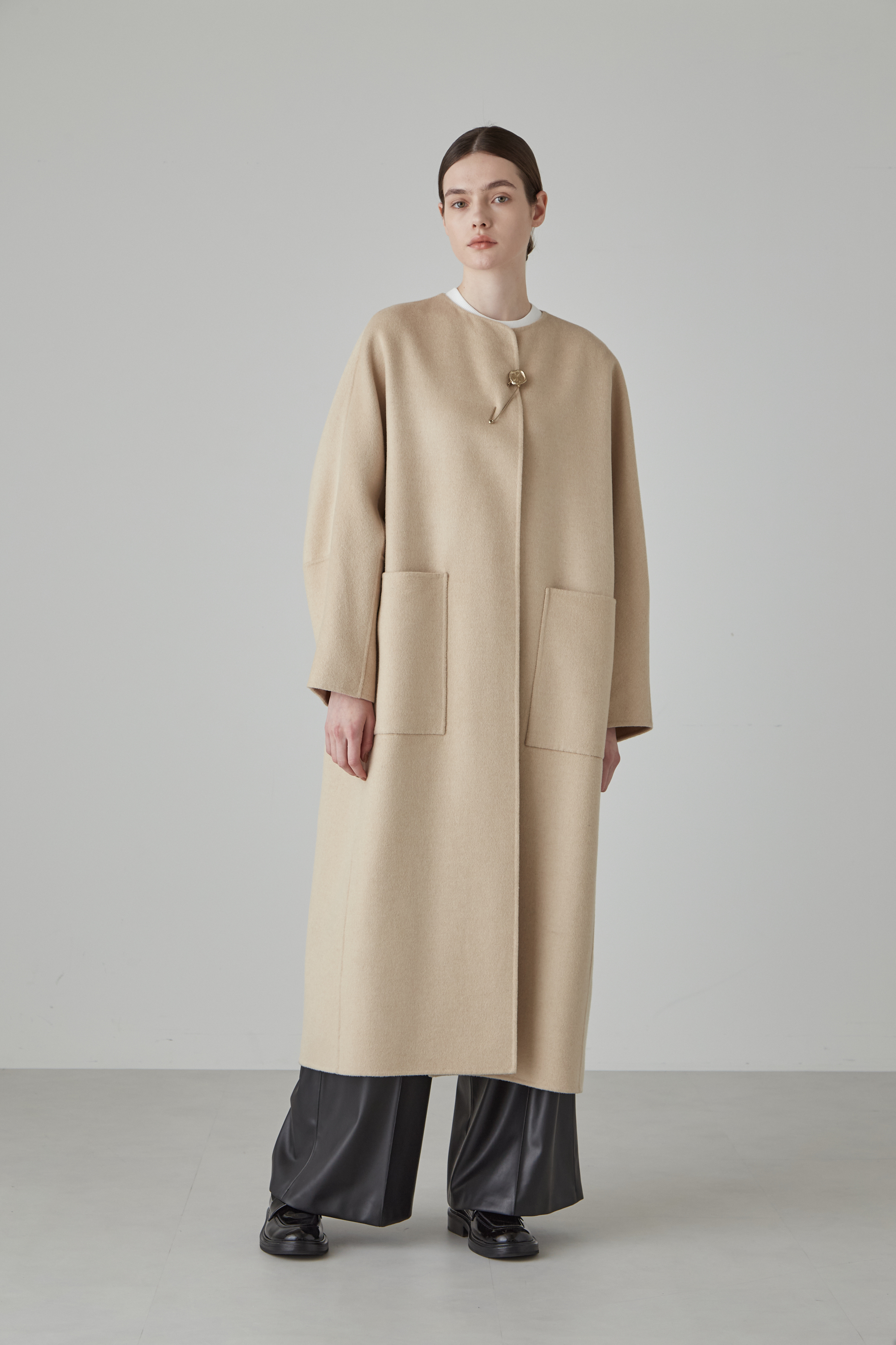 Pure Cashmere 襟ファー付きコート ブラック 9AR カシミヤ