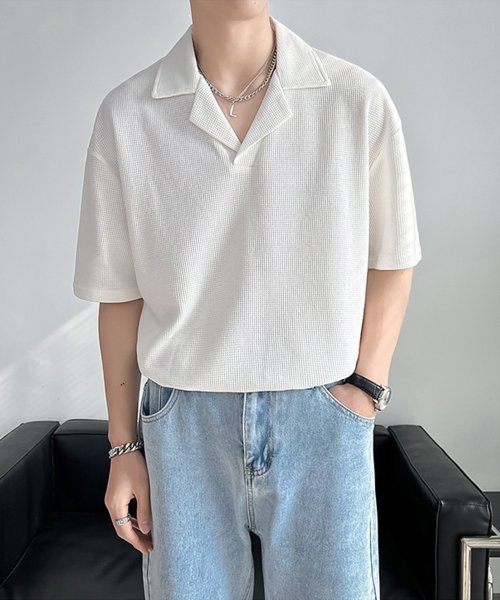 aimoha(aimoha（アイモハ）)/韓国系無地なしワッフルオープンカラーポロシャツ/img02