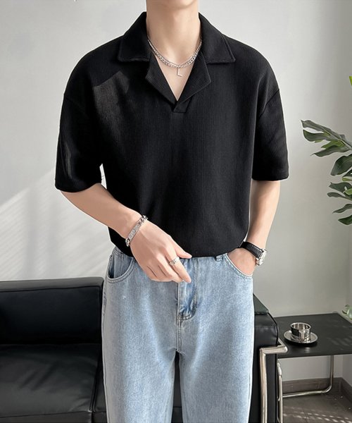 aimoha(aimoha（アイモハ）)/韓国系無地なしワッフルオープンカラーポロシャツ/img13