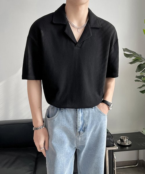 aimoha(aimoha（アイモハ）)/韓国系無地なしワッフルオープンカラーポロシャツ/img16