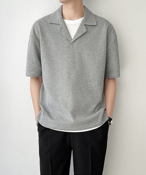 aimoha(aimoha（アイモハ）)/韓国系無地なしワッフルオープンカラーポロシャツ/img21