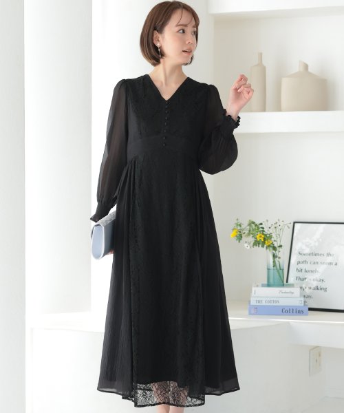 シフォン×レース切り替えワンピース 