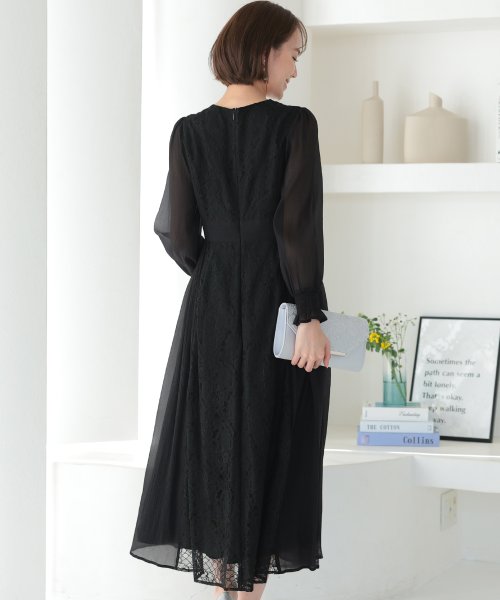 シフォン×レース切り替えワンピース 